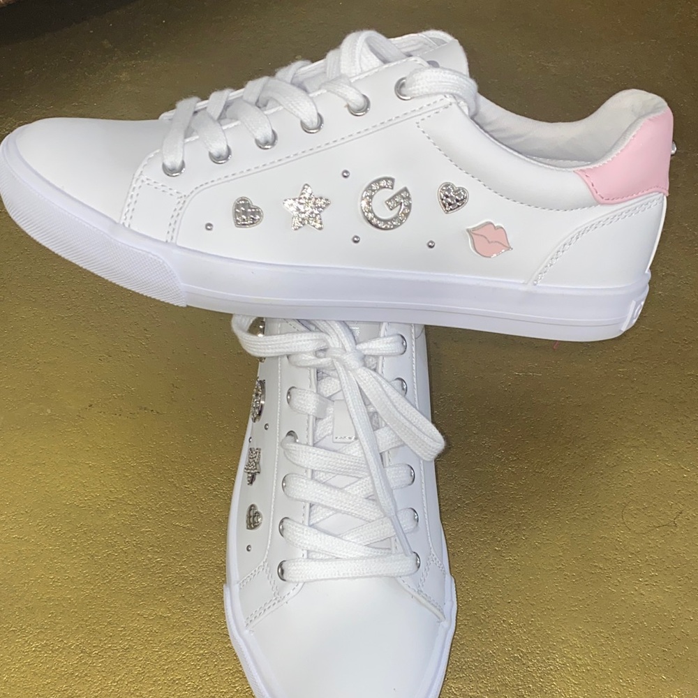 New White Womens Barbie core Sneakers - Pink Accents and Embellishments size 9.5